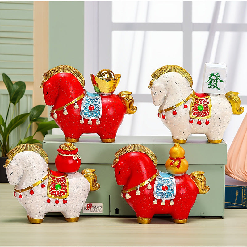 Red New Chinese Style Resin Horse Figurine with Rotating Lucky Bag – Elegant Home or Office Decor for Modern Living Spaces(Good fortune and prosperity shall soon be yours) - Image 2