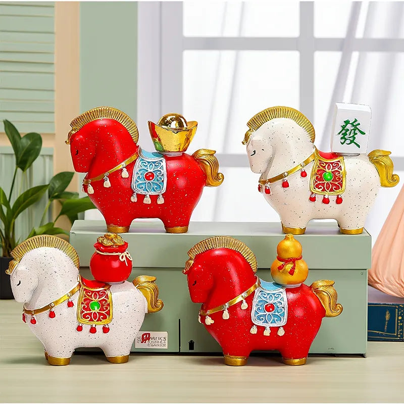 Red New Chinese Style Resin Horse Figurine with Rotating Lucky Bag – Elegant Home or Office Decor for Modern Living Spaces(Good fortune and prosperity shall soon be yours) - Image 2