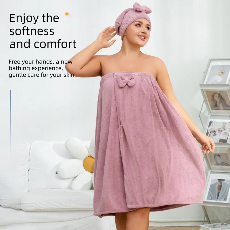 White Plus Size Bath Wrap Dress with Adjustable Elastic Waist and Bow Detail – Soft Absorbent Towel Robe for Post-Shower Comfort - Image 3