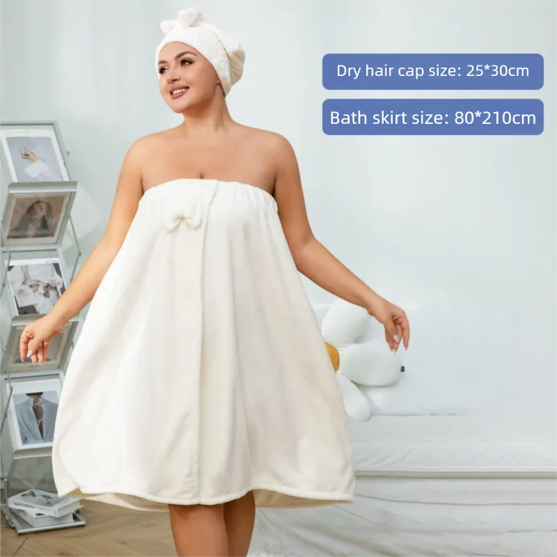 White Plus Size Bath Wrap Dress with Adjustable Elastic Waist and Bow Detail – Soft Absorbent Towel Robe for Post-Shower Comfort - Image 4