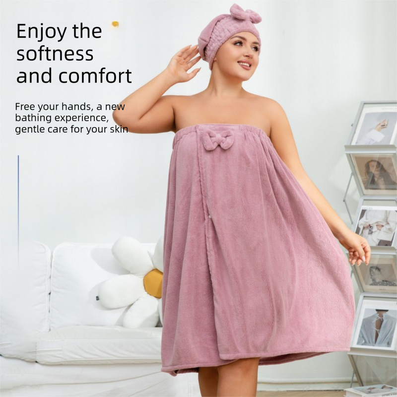 Blue Plus Size Bath Wrap Dress with Adjustable Elastic Waist and Bow Detail – Soft Absorbent Towel Robe for Post-Shower Comfort - Image 3
