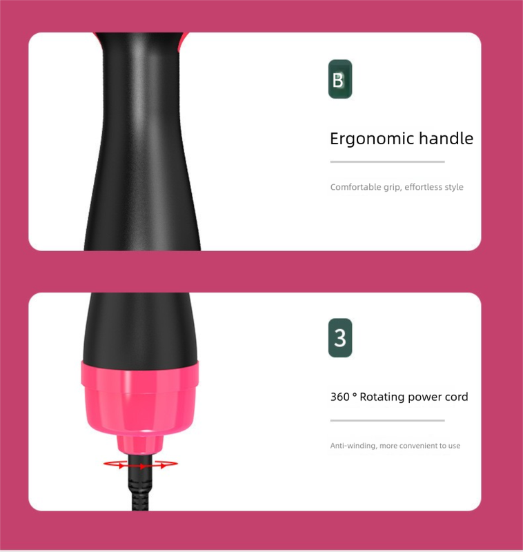 Pink 1000W Professional Hot Air Brush with 3-Temperature & 2-Speed Control – Dual Voltage Hair Styler for Smooth, Voluminous Blowouts - Image 4