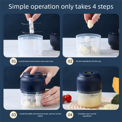 3-blade cutter head Blue Wireless Electric Garlic Chopper 300ml Portable Mini Food Processor USB Rechargeable for Baby Food and Dipping Sauce Essential Local Kitchen Tool - Image 5