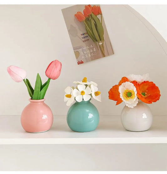 Ceramic Vase with Artificial Flowers Set – Mini Decorative Pot for Home Living Room or Desk Display(White vase with yellow daisies) - Image 2