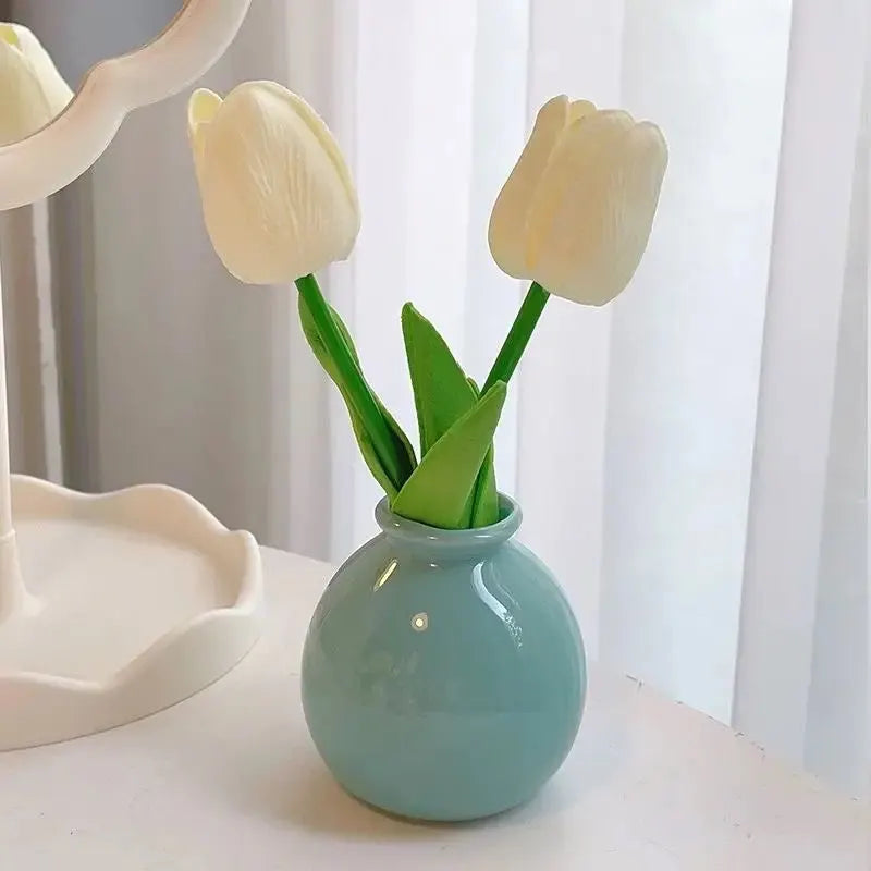 Ceramic Vase with Artificial Flowers Set – Mini Decorative Pot for Home Living Room or Desk Display(Blue bottle and white tulips)