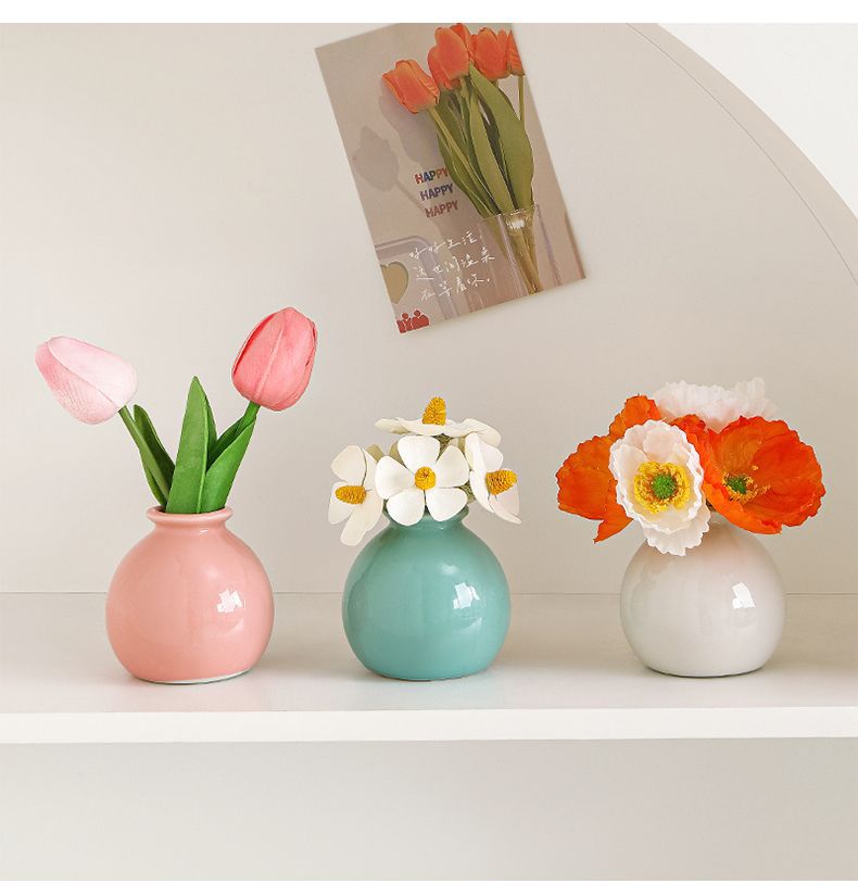 Ceramic Vase with Poppy Artificial Flowers Set – Mini Decorative Pot for Home Living Room or Desk Display - Image 2