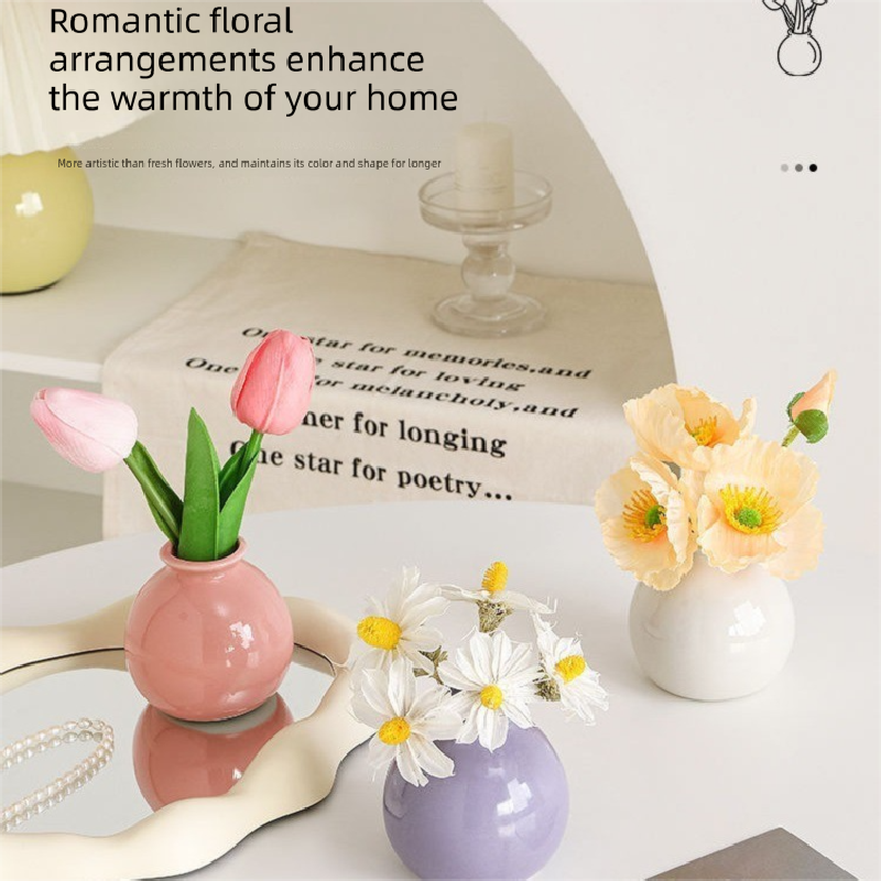 Ceramic Vase with Poppy Artificial Flowers Set – Mini Decorative Pot for Home Living Room or Desk Display - Image 3