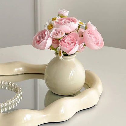 Ceramic Vase with camellia bud Artificial Flowers Set – Mini Decorative Pot for Home Living Room or Desk Display