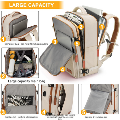 Beige Large Capacity Backpack with USB Charging Port and Waterproof Fabric for Travel Work and Daily Use - Image 4