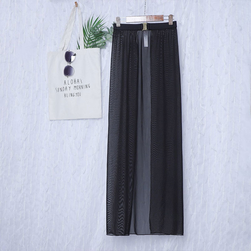 Black High-Waisted White Swim Skirt with Gold Buckle Belt – Elegant Long Beach Cover-Up for Women, Ideal for Poolside and Tropical Vacations(Size: M)