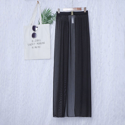 Black High-Waisted White Swim Skirt with Gold Buckle Belt – Elegant Long Beach Cover-Up for Women, Ideal for Poolside and Tropical Vacations(Size: L)