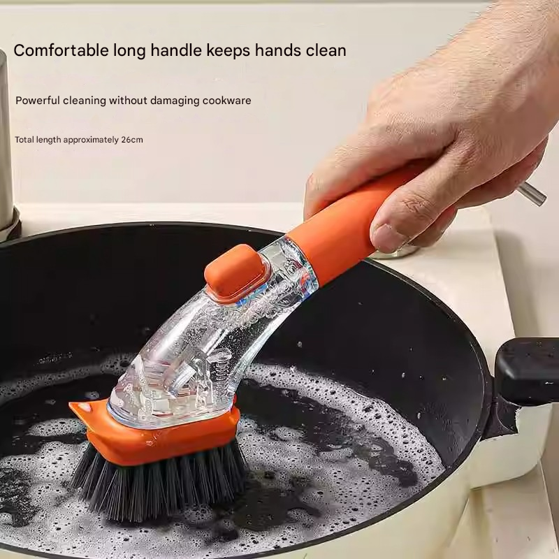 Dark green Long-Handled Liquid Dispensing Pot Scrubber – Multi-Use Kitchen Cleaning Brush with Built-In Detergent Reservoir - Image 3