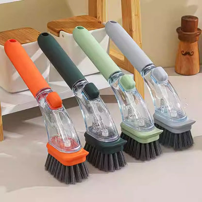 Dark green Long-Handled Liquid Dispensing Pot Scrubber – Multi-Use Kitchen Cleaning Brush with Built-In Detergent Reservoir - Image 4