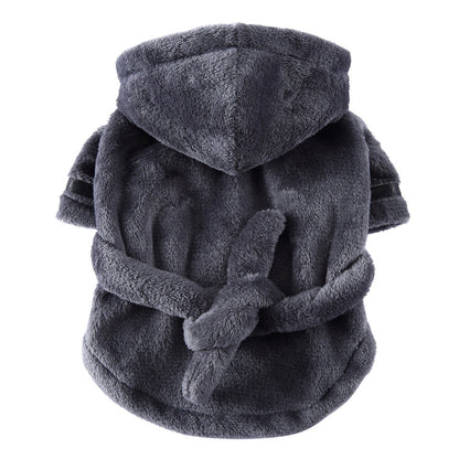 Grey Cozy Pet Bathrobe Sleepwear – Plush Fleece Dog Robe with Hood and Adjustable Waistband for Small to Medium Breeds(Size:L)