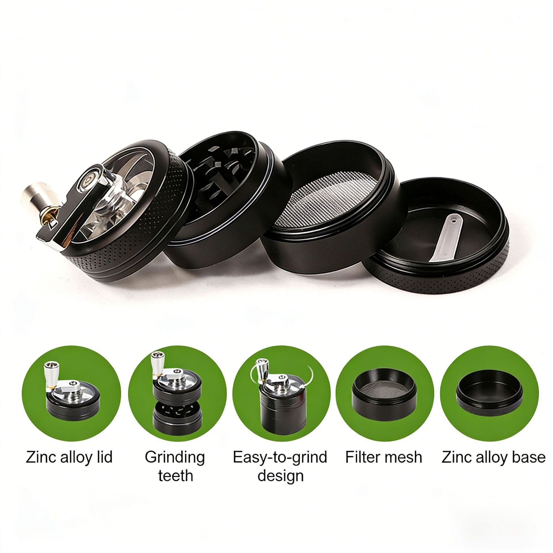 Green 40mm Zinc Alloy 4-Layer Hand-Crank Grinder – Compact Metal Spice & Herb Crusher with Stainless Steel Teeth, Filter Mesh, and Portable Design - Image 2