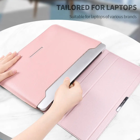 Brown 3-in-1 Laptop Sleeve with Built-In Stand & Wrist Rest – Waterproof PU Protective Case for 15/16 Inch Laptops, Portable and Ergonomic Design - Image 3