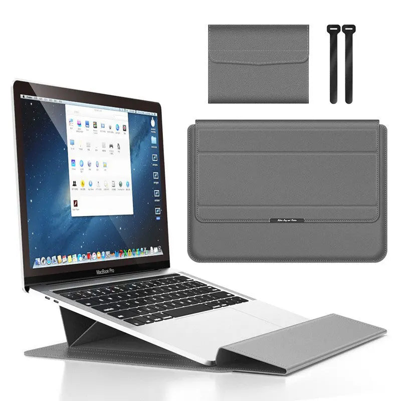 Grey 3-in-1 Laptop Sleeve with Built-In Stand & Wrist Rest – Waterproof PU Protective Case for 15/16 Inch Laptops, Portable and Ergonomic Design