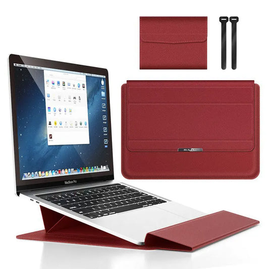 Red 3-in-1 Laptop Sleeve with Built-In Stand & Wrist Rest – Waterproof PU Protective Case for 15/16 Inch Laptops, Portable and Ergonomic Design