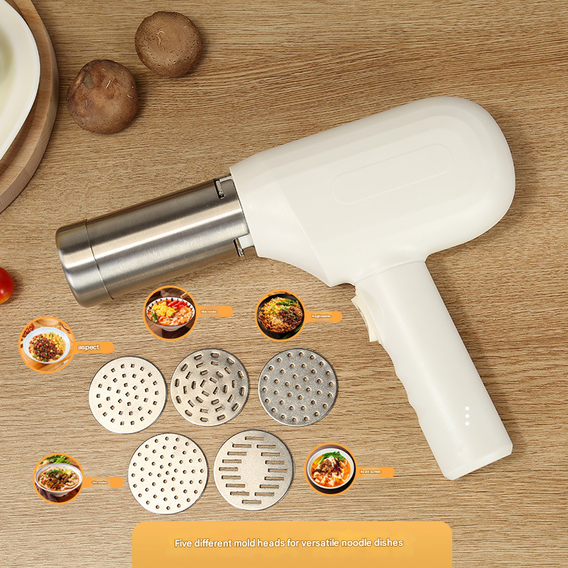 White Wireless Handheld Electric Pasta Maker – Rechargeable Dough Extruder with 5 Nozzles for Homemade Noodles, Spaghetti, Fettuccine & Sausage Stuffer, USB-C Charged - Image 2