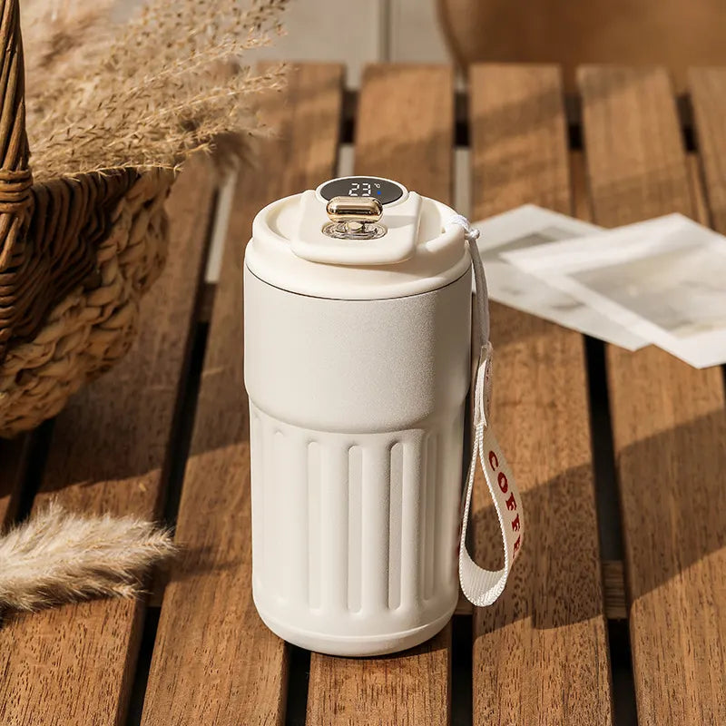 White Smart Digital Insulated Coffee Mug with 316 Stainless Steel Inner Liner – Vacuum-Sealed Travel Tumbler with Temperature Display, USB-C Rechargeable, Leak-Proof Lid for Hot and Cold Beverages