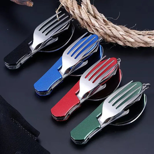 2-PCS Red Stainless Steel Folding Cutlery Set – Compact 3-in-1 Knife, Fork, Spoon with Removable Design for Outdoor Camping, Hiking, Travel, and Picnic Use - Image 4