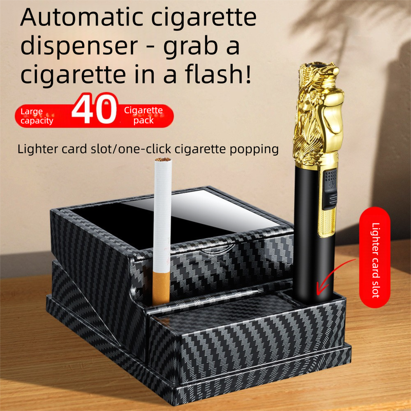Black Automatic Cigarette Box with 40-Slot Capacity – Pop-Out Dispenser for Car and Home Use, ABS Material with Lighter Holder and Carbon Fiber Look Design - Image 2