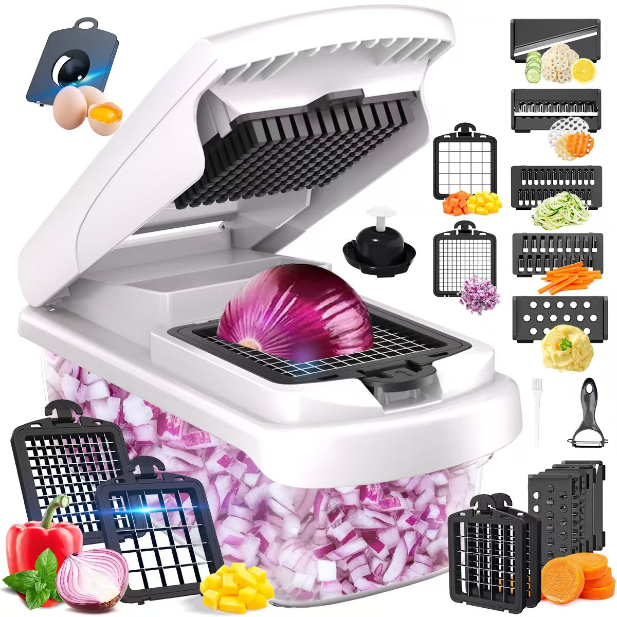 Black Multifunctional Vegetable Slicer – Manual Kitchen Cutter with Adjustable Blades for Slicing, Dicing, Shredding, Garlic Grinding, and Egg White Separation - Image 3