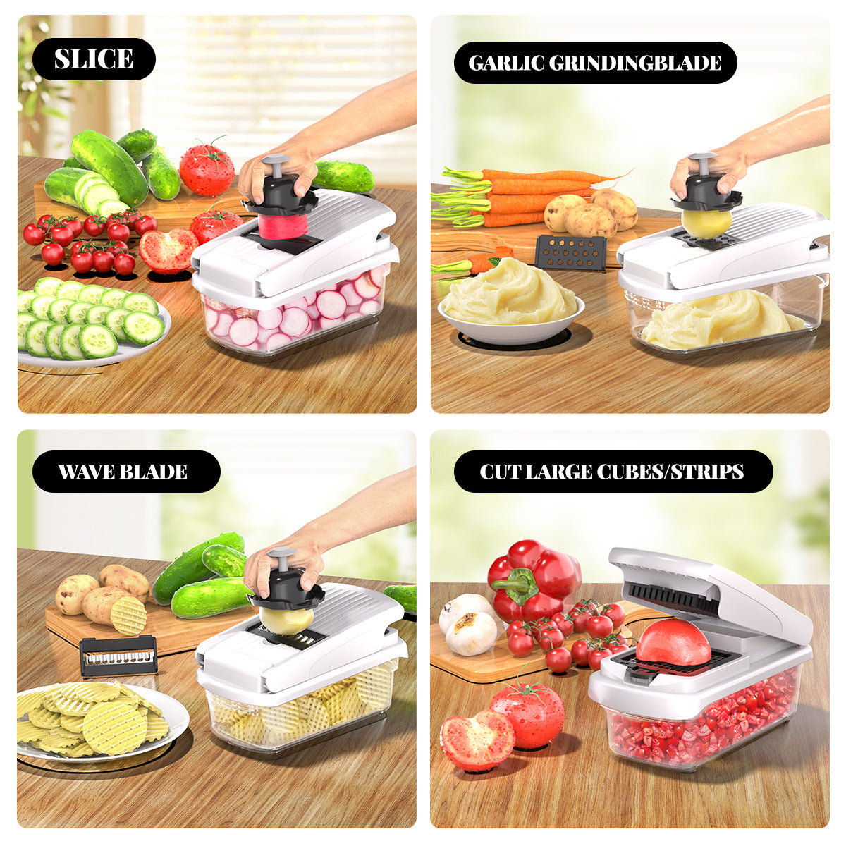 Black Multifunctional Vegetable Slicer – Manual Kitchen Cutter with Adjustable Blades for Slicing, Dicing, Shredding, Garlic Grinding, and Egg White Separation - Image 6