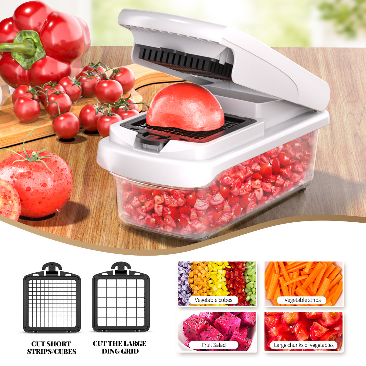 White Multifunctional Vegetable Slicer – Manual Kitchen Cutter with Adjustable Blades for Slicing, Dicing, Shredding, Garlic Grinding, and Egg White Separation - Image 4