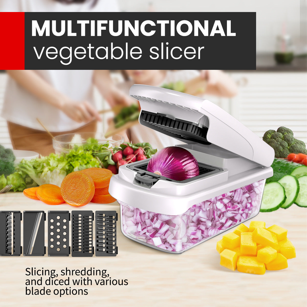 Green Multifunctional Vegetable Slicer – Manual Kitchen Cutter with Adjustable Blades for Slicing, Dicing, Shredding, Garlic Grinding, and Egg White Separation - Image 2