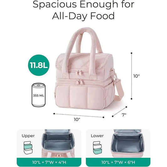 Beige Double-Layer Insulated Lunch Bag – Quilted Design with Top and Bottom Compartments, Shoulder Strap, and Smooth Two-Way Zippers - Image 4