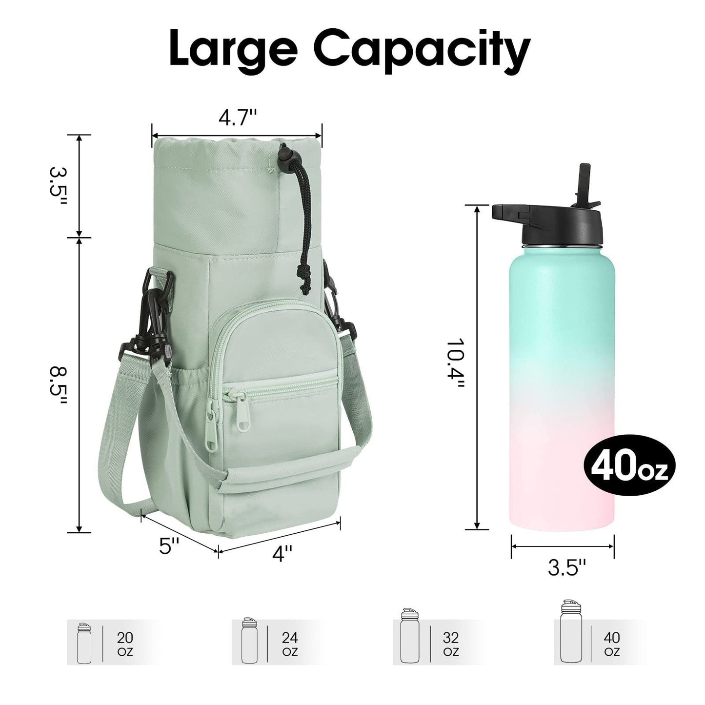 Black Water Bottle Carrier with Drawstring Closure – Adjustable Shoulder Strap, Front Pocket, and Side Storage for Daily Use - Image 5