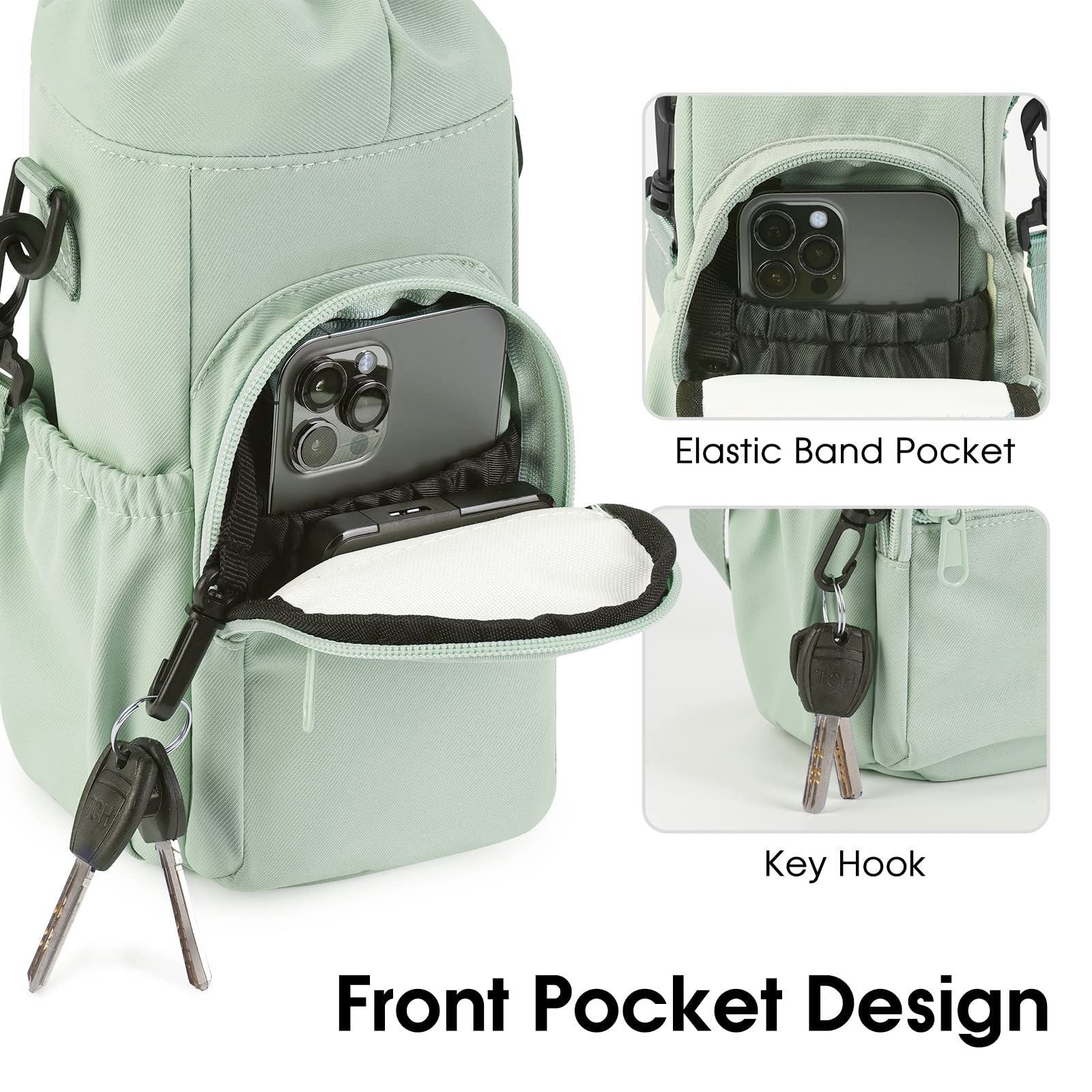 Green Water Bottle Carrier with Drawstring Closure – Adjustable Shoulder Strap, Front Pocket, and Side Storage for Daily Use - Image 4