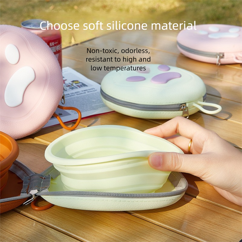 Yellow Portable Foldable Dual Bowl for Pets – Silicone Feeding and Water Dish with Compact Storage Design - Image 4