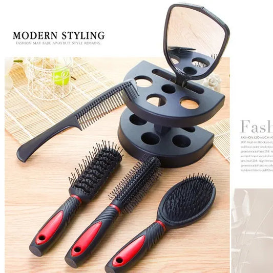 Red 5-Piece Hair Care Set with Rotating Stand – Includes Flat Comb, Styling Brush, Massage Comb, Round Brush, and Handheld Mirror - Image 2