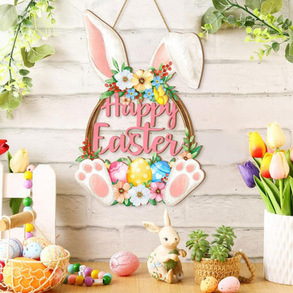 Happy Easter Wooden Wall Hanging Sign with Floral Design and Bunny Ears for Spring Home Decor Door Decoration - Image 2