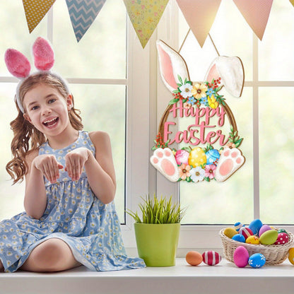 Happy Easter Wooden Wall Hanging Sign with Floral Design and Bunny Ears for Spring Home Decor Door Decoration - Image 3