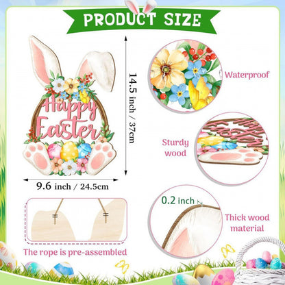 Happy Easter Wooden Wall Hanging Sign with Floral Design and Bunny Ears for Spring Home Decor Door Decoration - Image 4
