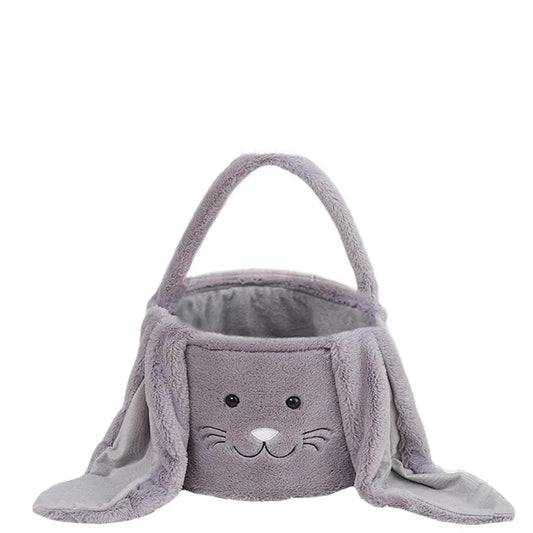 Grey Cute Plush Bunny Easter Basket with Long Ears and Personalization Option for Kids Egg Hunt and Spring Celebration