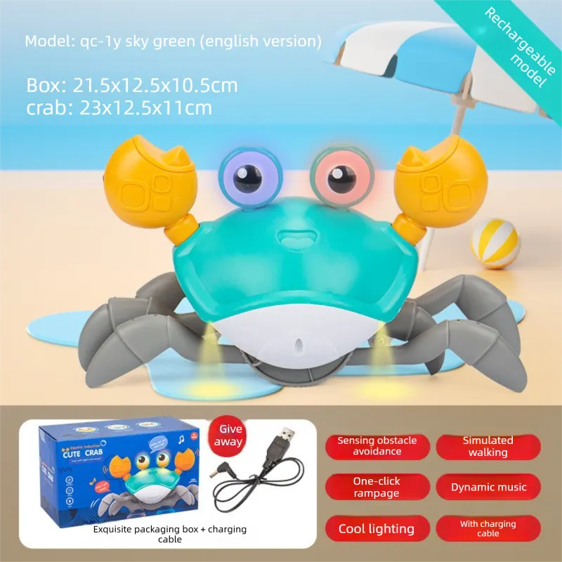 Electric Induction Crawling Crab Baby Toy Interactive Obstacle Avoidance Moving Pet with Music & Light USB Rechargeable Tummy Time Gift Sky Green