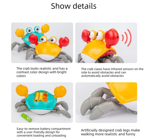 Electric Induction Crawling Crab Baby Toy Battery Operated with Silent Mode Music Off Switch Obstacle Avoidance Tummy Time Gift Sun Orange - Image 7