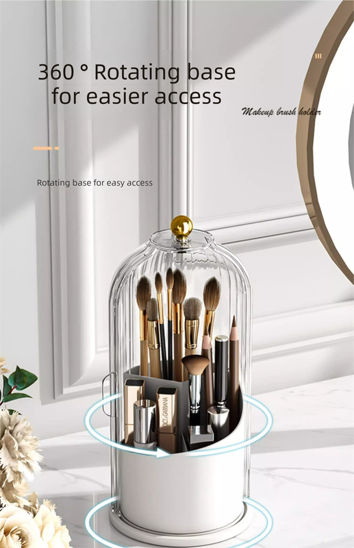 360 Degree Rotating Makeup Brush Organiser with Dustproof Lid Clear Cosmetic Storage Cylinder for Vanity Dressing Table Transparent Grey - Image 3