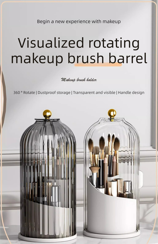 2 PCS Rotating Makeup Brush Organiser Set Dustproof Cosmetic Storage Holder White & Grey Duo for Vanity Bathroom - Image 2