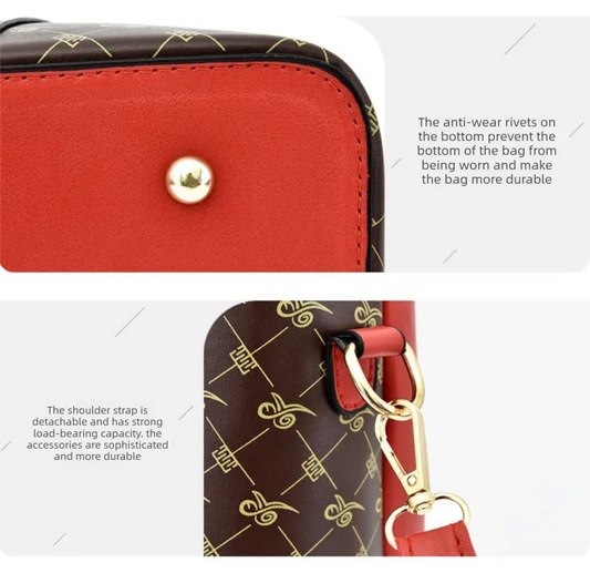 2 PCS Women's Handbag Set PU Leather Tote & Crossbody Purse Fashion Splicing Design Red - Image 3