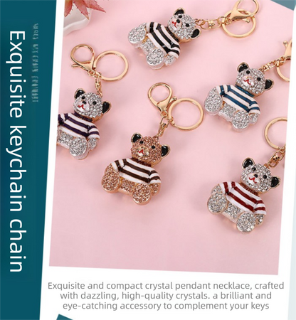 Blue Stripe Crystal Bear Keychain Sparkly Rhinestone Bag Charm Cute Alloy Keyring Gift  - Image 2