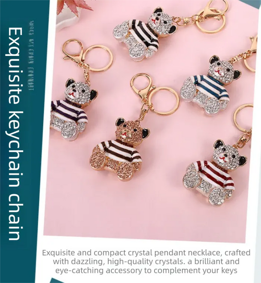 Peach Stripe Crystal Bear Keychain Sparkly Rhinestone Bag Charm Cute Alloy Keyring Gift  - Image 2