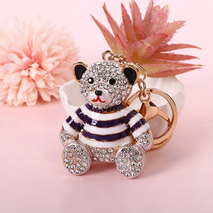 Purple Stripe Crystal Bear Keychain Sparkly Rhinestone Bag Charm Cute Alloy Keyring Gift