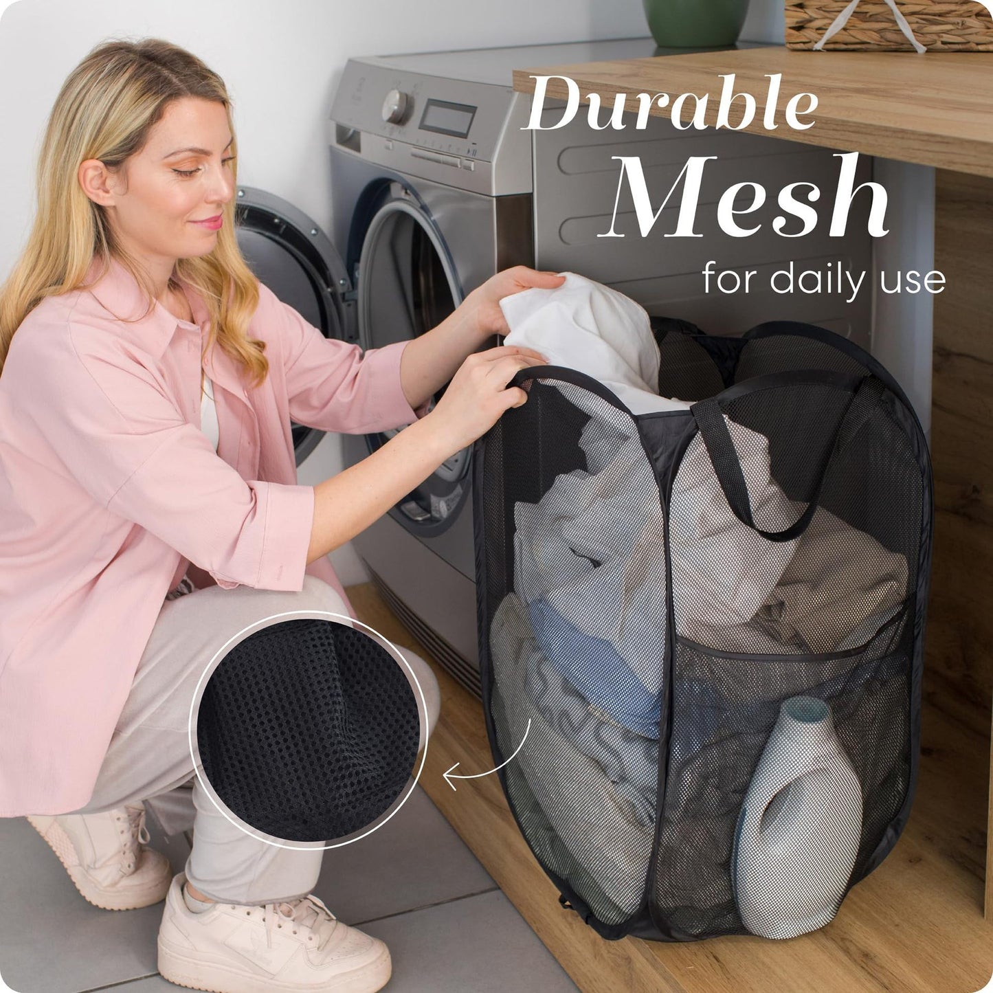 2 PCS Mesh Pop Up Laundry Hamper Collapsible Washing Basket with Side Pocket & Reinforced Handles Portable Dirty Clothes Bin for Dorm Travel & Toy Storage (Black & Grey) - Image 2
