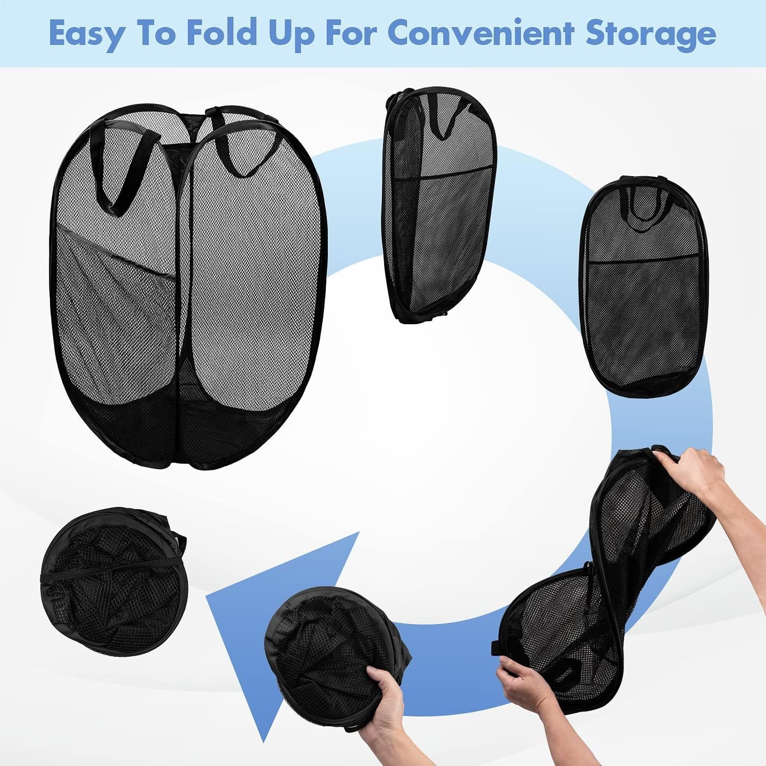2 PCS Mesh Pop Up Laundry Hamper Collapsible Washing Basket with Side Pocket & Reinforced Handles Portable Dirty Clothes Bin for Dorm Travel & Toy Storage (Dark Blue & Orange) - Image 4