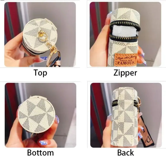 Black Mini Cylinder Lipstick Case Keychain with Silk Scarf Charm PU Leather Coin Purse Bag Pendant for Earphones Keys Vintage Floral Pattern - Image 2